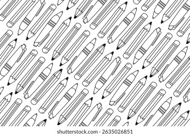 An outline pens and pencils illustration background. School background with pens and pencils. Creative drawing and writing activities concept.