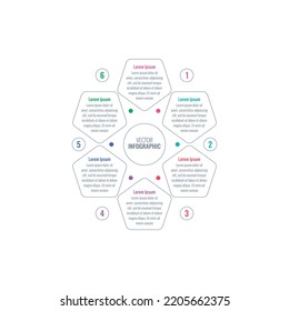 outline pentagons informational template. six steps infographic template. web, business, magazine, internet, annual report infographic template