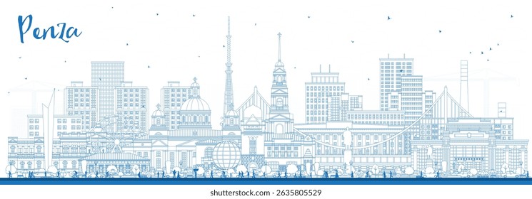 Outline Penza Rússia horizonte da cidade com edifícios azuis. Ilustração vetorial. Paisagem da cidade de Penza com marcos. Viagens de negócios e conceito de turismo com arquitetura moderna e histórica.