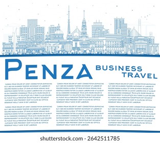 Outline Penza Rússia horizonte da cidade com edifícios azuis e espaço de cópia. Ilustração vetorial. Paisagem da cidade de Penza com marcos. Viagens de negócios e conceito de turismo com arquitetura moderna e histórica.