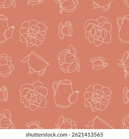 Outline Peony Tea Party Pattern Vector Illustration Seamless for Background Wallpaper Packaging