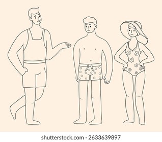 Outline People Beach set. Cute Woman in Swimsuit and sun hat and man with swimming trunks. Isolated male and female Character on summer vacation linear hand drawing. Vector illustration