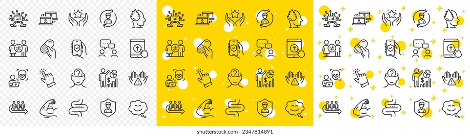 Outline People chatting, Teamwork and Cyber attack line icons pack for web with Smile chat, Cursor, Strong arm line icon. Intestine, Security app, Stress pictogram icon. Queue. Vector