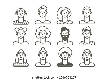 Outline people. Face avatars. Men and women. Various haircuts. Minimalistic icons. Black and white graphic vector set. Cartoon style, simple flat design. Trendy illustration. Every icon is isolated