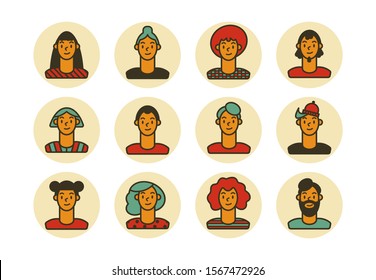 Outline people. Face avatars. Men and women. Various haircuts. Minimalistic round icons. Colored graphic vector set. Cartoon style, simple flat design. Trendy illustration. Every icon is isolated