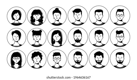 Outline people. Face avatars. Men and women. Various haircuts. Minimalistic icons. Black and white graphic vector set. Cartoon style, simple flat design. Trendy illustration.
