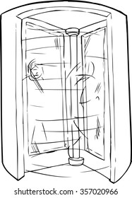 Outline of people in revolving door entrance over white