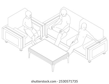Outline of people sitting on sofa and chair at table. Isometric view. Vector illustration. 3D