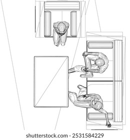 Outline of people sitting on sofa and chair at table. Top view. Vector illustration.