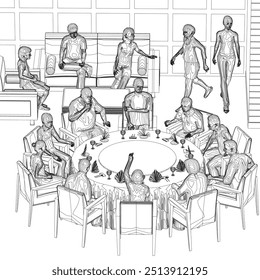 Outline of people sitting in restaurant on chairs and sofa from black lines isolated on white background. Restaurant interior. Isometric view. Vector illustration.
