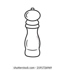 Outline pepper shaker doodle. Hand drawn silhouette of spice grinder element. Peppermill tool vector item isolated on white. Black line cookware