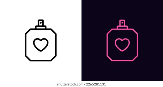 Outline perfume bottle icon, with editable stroke. Parfum bottle frame with heart sign, love perfume pictogram. Favorite fragrance, aromatic water flacon, romantic flavor, aroma perfumery. Vector icon