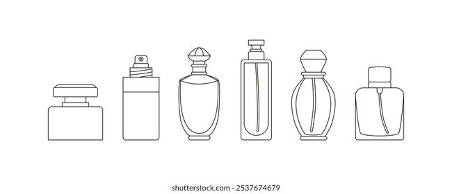 Contornar frascos de perfume, frascos, frascos. Fragrância, essência, eau de toilette. Diferentes aromas. Silhuetas em branco. Sinal, logotipo, símbolo. Vetor isolado no branco.