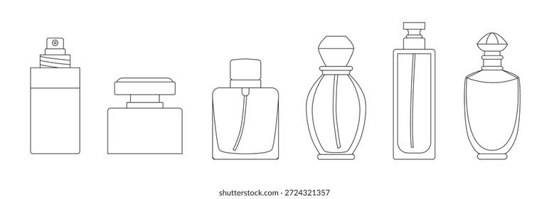 Perfilar frascos de perfume, frascos, viales. Fragancia, esencia, artículos de tocador. Perfume de mujer con diferentes aromas. Línea de arte. trazo editable. Letrero, logo, símbolo. Vector aislado en blanco.