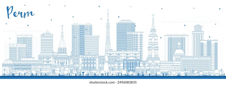 Outline Perm Russia city skyline with blue buildings. Vector illustration. Perm cityscape with landmarks. Business travel and tourism concept with modern and historic architecture.