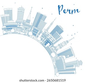 Outline Perm Russia city skyline with blue buildings and copy space. Vector illustration. Perm cityscape with landmarks. Business travel and tourism concept with modern and historic architecture.