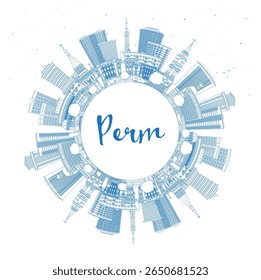Outline Perm Russia city skyline with blue buildings and copy space. Vector illustration. Perm cityscape with landmarks. Business travel and tourism concept with modern and historic architecture.