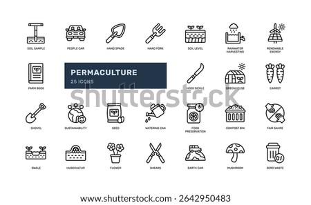 Outline permaculture icon set illustrating eco agriculture systems tools and regenerative earth care perfect for environmental education content infographic and organic farming visuals