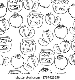 Outline persimmon jar of jam, whole fruit, slice and half, vector seamless pattern for design and creativity