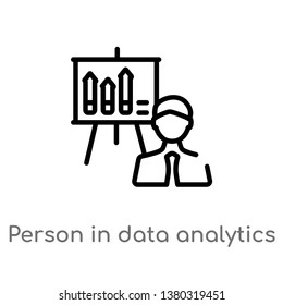 outline person in data analytics presentation with a graphic on a screen vector icon. isolated black simple line element illustration from business concept. editable vector stroke person in data