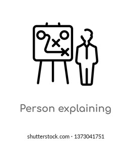 outline person explaining strategy on a board with a sketch vector icon. isolated black simple line element illustration from business concept. editable vector stroke person explaining strategy on a