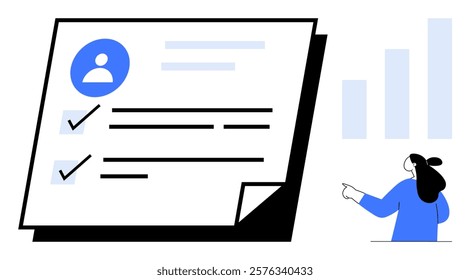 Outline of a person presenting completed checklist with a bar graph. Ideal for business reports, task management, employee performance, analytics, productivity tools. Clean and modern style