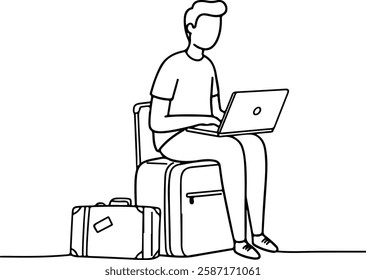 Outline of a Person Sitting on a Suitcase with a Laptop