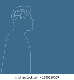 Outline of a person. Thinking man. Human psychology. Vector image. Contour drawing. Turquoise background