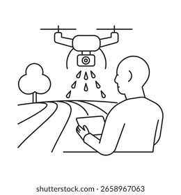 Esquema de una persona usando un dron para rociar cultivos en un campo. Concepto de agricultura inteligente, agrotecnología y automatización agrícola.