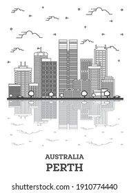 Outline Perth Australia City Skyline with Modern Buildings and Reflections Isolated on White. Vector Illustration. Perth Cityscape with Landmarks.