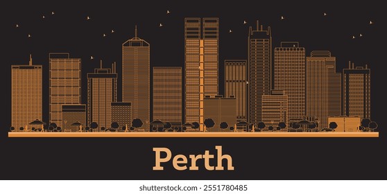 Outline Perth Australia City Skyline com edifícios laranja. Ilustração de vetor. Viagens de negócios e conceito com arquitetura moderna. Paisagem da cidade de Perth com marcos.