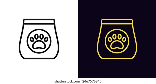 Outline pet food icon, with editable stroke. Pet feed bag with paw sign. Dry feed for cats and dogs, pack with pet food and treat, nutritious supplements and vitamins for animals, petshop. Vector icon