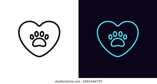 Outline pet love icon, with editable stroke. Heart with animal paw. Pet care and veterinarian aid, shelter and home for animals, donation and charity, animal life rescue, cat and dog care. Vector icon