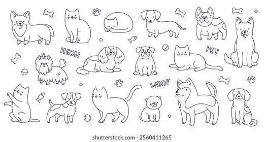 Outline pets collection. Vector cat and dogs sketch set. Cute doodle pets bundle.