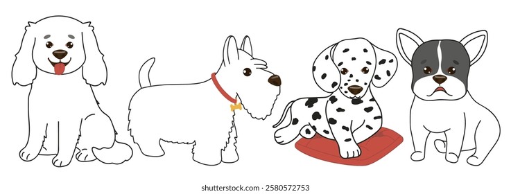 Outline pets dogs. Domestic funny animals characters with happy faces. Vector set.