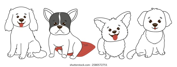 Outline pets dogs. French bulldog, corgi. Domestic funny animals characters with happy faces. Vector set.