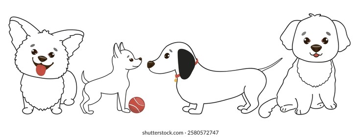 Outline pets-dogs. Adorable dogs of different breeds and sizes. Domestic funny animals-characters with happy faces. Vector set.