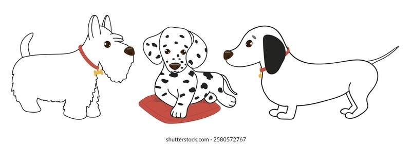 Outline pets-dogs. Dalmatian, dachshund. Domestic funny animals-characters with happy faces. Vector set.