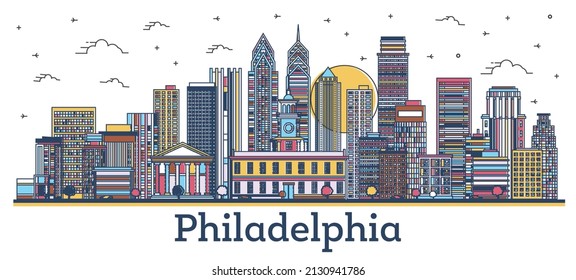 Umriss Philadelphia Pennsylvania City Skyline mit modernen, farbigen Gebäuden einzeln auf Weiß. Vektorgrafik. Philadelphia USA City mit Landmarks.