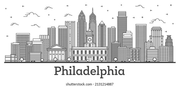 Outline Philadelphia Pennsylvania City Skyline with Modern and Historic Buildings Isolated on White. Vector Illustration. Philadelphia USA Cityscape with Landmarks.