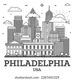 Umriss Philadelphia Pennsylvania City Skyline mit modernen und historischen Gebäuden einzeln auf Weiß. Vektorgrafik. Philadelphia USA City mit Landmarks.