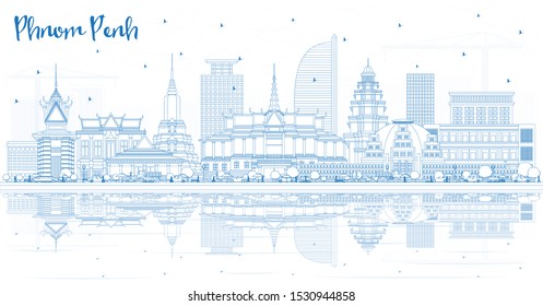 Outline Phnom Penh Cambodia City Skyline with Blue Buildings and Reflections. Vector Illustration. Business Travel and Tourism Concept with Historic Architecture. Phnom Penh Cityscape with Landmarks.