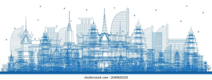 Outline Phnom Penh Cambodia City Skyline with Blue Buildings. Vector Illustration. Business Travel and Tourism Concept with Historic Architecture. Phnom Penh Cityscape with Landmarks.