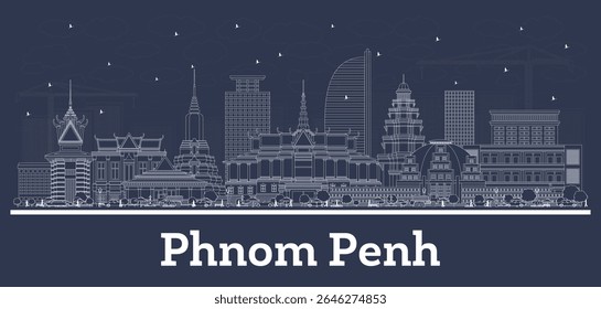 Outline Phnom Penh Cambodia City Skyline with white Buildings. Vector Illustration. Business Travel and Tourism Concept with Historic Architecture. Phnom Penh Cityscape with Landmarks.