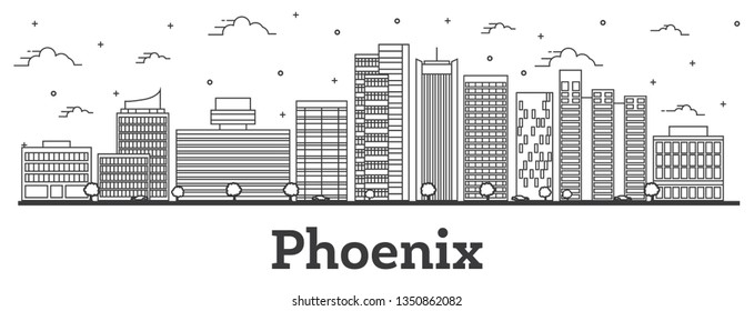 Outline Phoenix Arizona City Skyline with Modern Buildings Isolated on White. Vector Illustration. Phoenix USA Cityscape with Landmarks. 