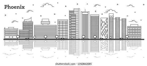 Outline Phoenix Arizona City Skyline with Modern Buildings and Reflections Isolated on White. Vector Illustration. Phoenix USA Cityscape with Landmarks. 