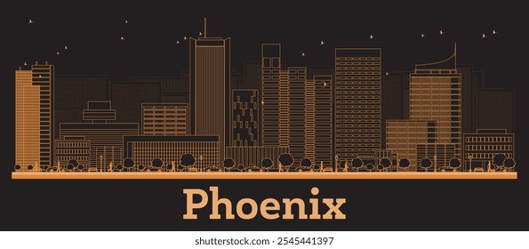 Contorno de Phoenix Arizona City Skyline con edificios naranjas. Ilustración vectorial. Viajes de negocios y concepto con arquitectura moderna. Paisaje urbano de Phoenix con Lugares famosos