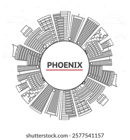 Outline Phoenix Arizona City Skyline with Modern Buildings and copy space Isolated on White. Vector Illustration. Phoenix USA Cityscape with Landmarks. 