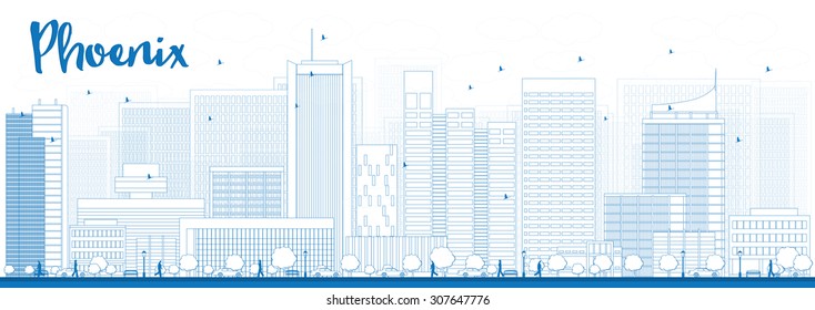 Outline Phoenix Skyline with Blue Buildings. Vector Illustration. Business travel and tourism concept with modern buildings. Image for presentation, banner, placard and web site.