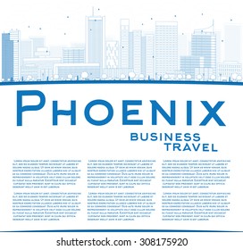 Outline Phoenix Skyline with Blue Buildings and copy space. Business travel and tourism concept with place for text. Image for presentation, banner, placard and web site. Vector Illustration